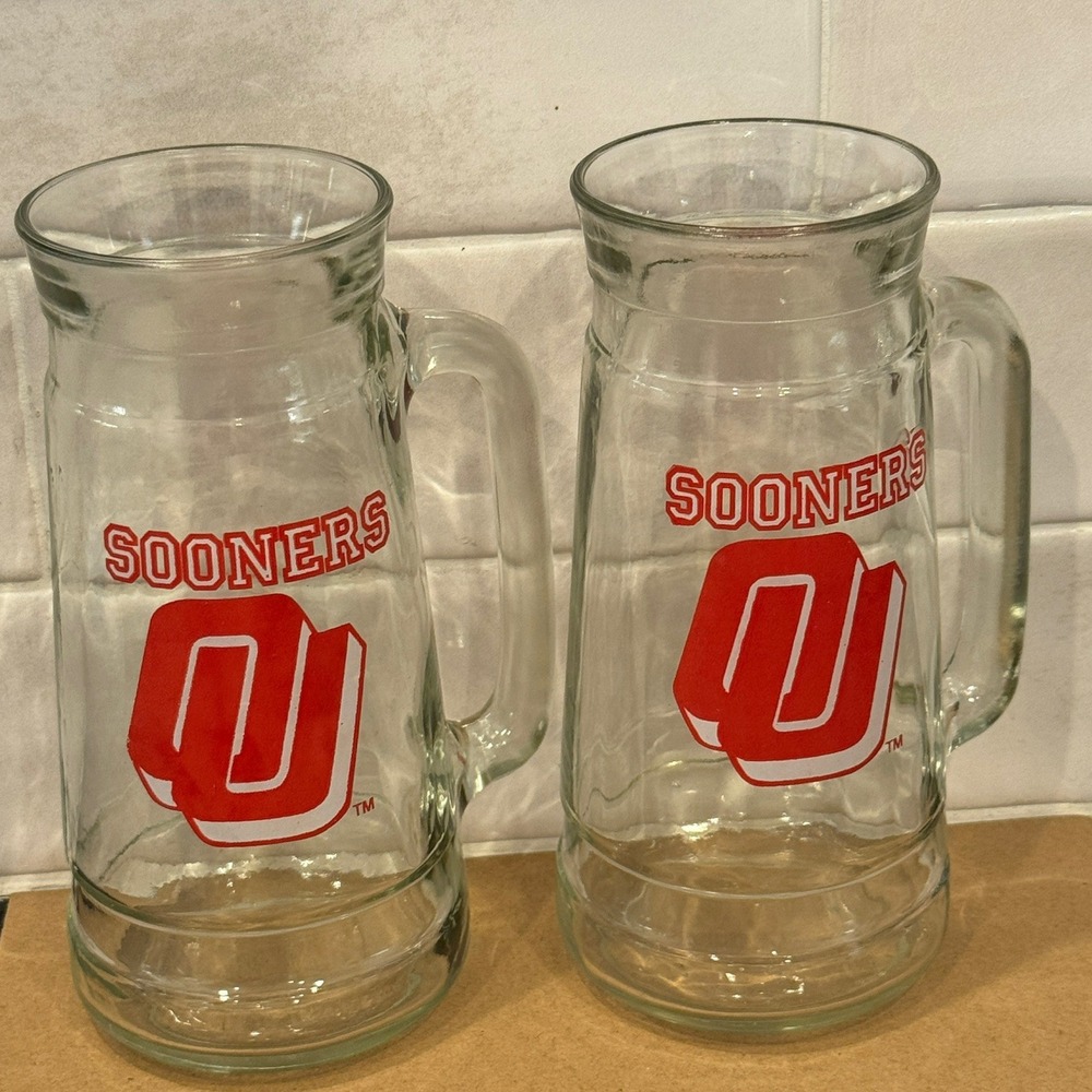 Oklahoma Sooners OU NCAA Glass‎ Beer Mugs Set of 2 Clear Red Logo 7 Inch Steins